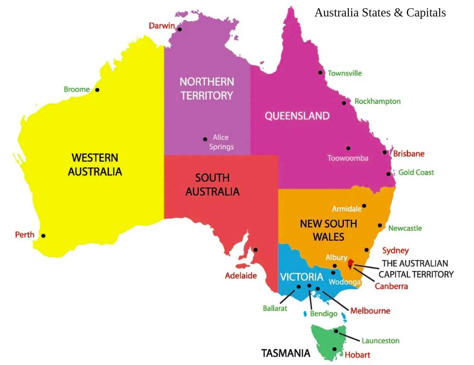 List of Australia States and Capitals - Map of Australian capital Cities