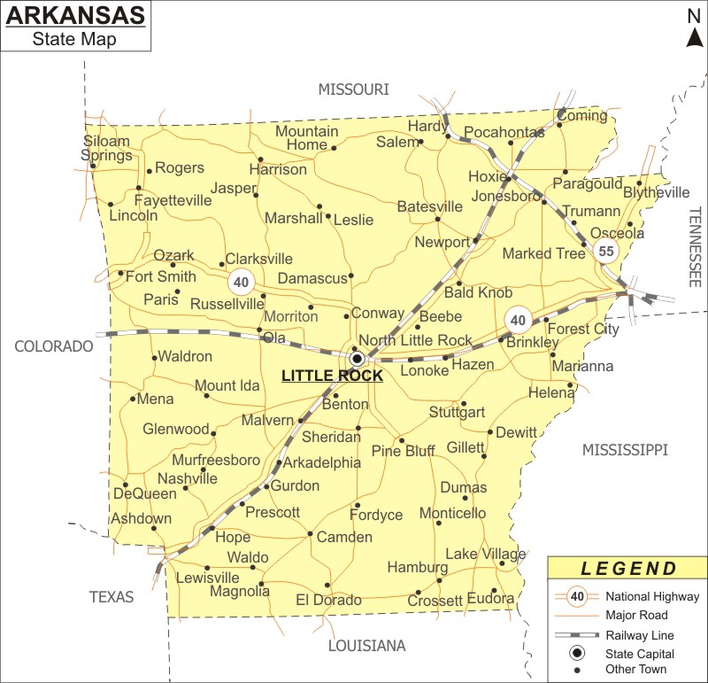 Arkansas Map, Map of Arkansas State (USA) Highways, Cities, Roads, Rivers