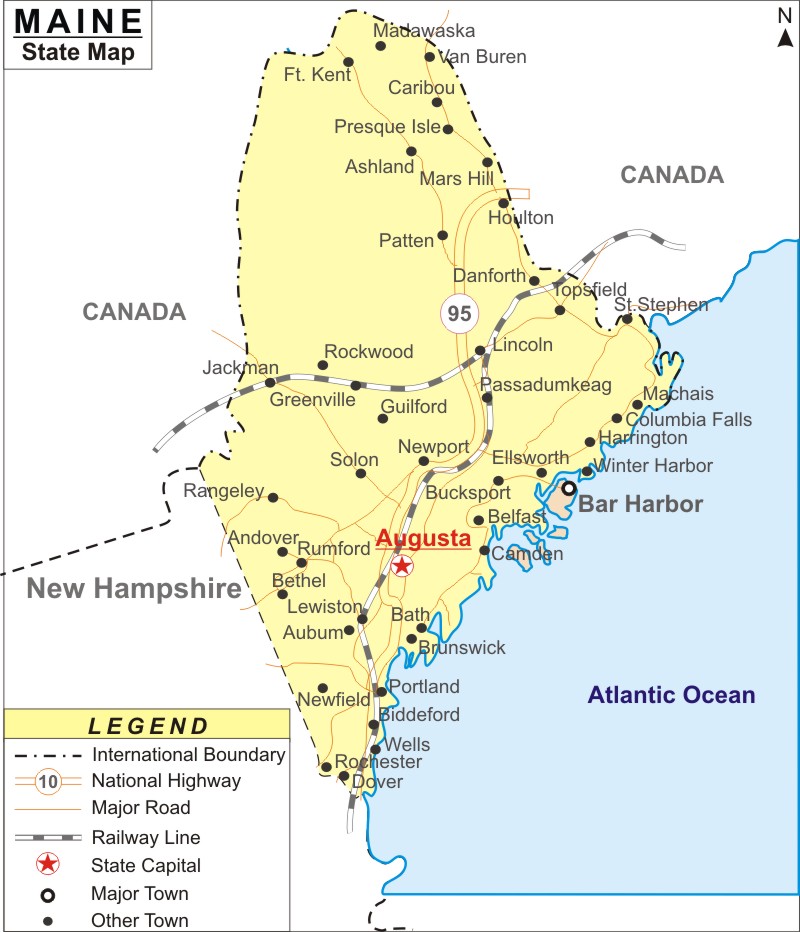 Maine Map, Map of Maine State (USA) - Cities, Road, River, Highways