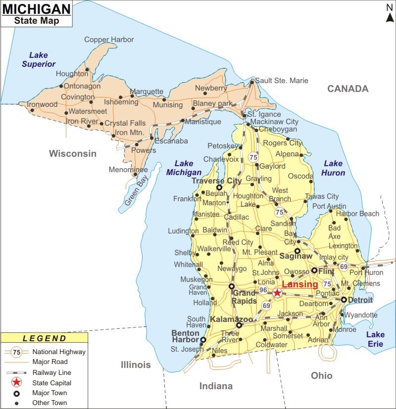 Map Of Michigan Cities And Towns Michigan Map (Mi Map), Map Of Michigan State With Cities, Road, River,  Highways