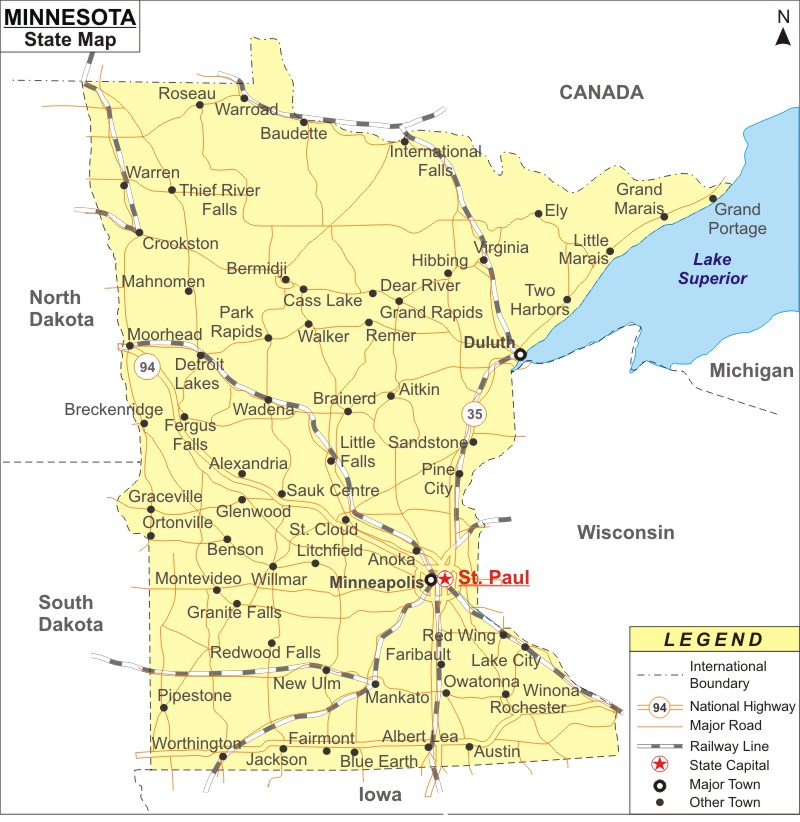 Minnesota Map, Map of Minnesota State (USA) - Highways, Cities, Roads