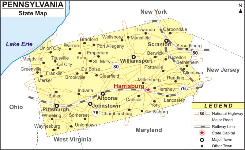 Pennsylvania Map, Map of Pennsylvania State (USA) - Highways, Cities
