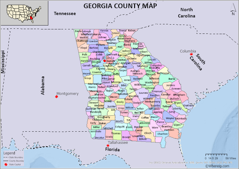 Georgia County Map, List of Counties in Georgia and Seats - Whereig.com