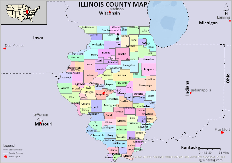 Southern Illinois Zip Code Map Illinois County Map, List Of Counties In Illinois And Seats - Whereig.com