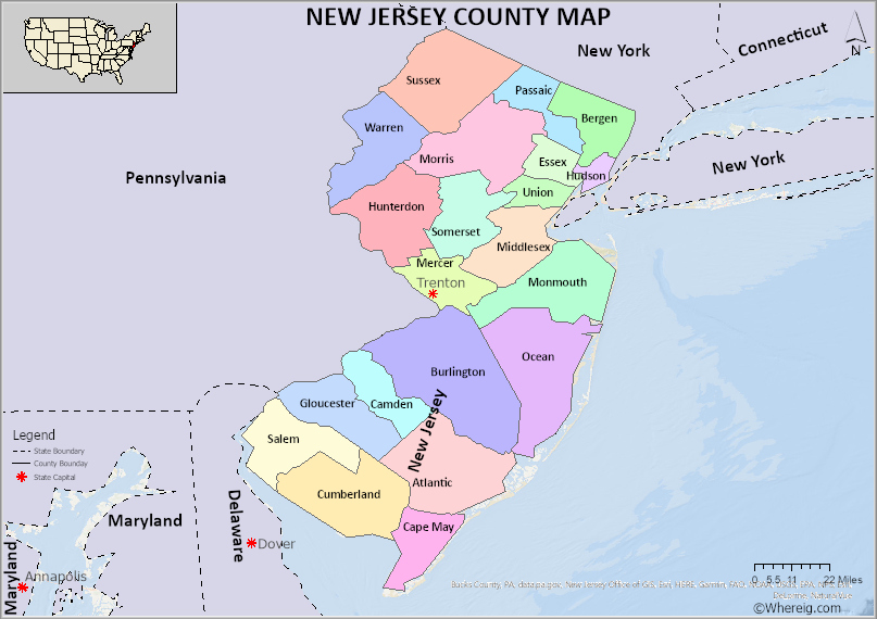 New Jersey County Map, List of Counties in New Jersey with Seats