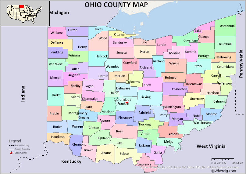 Ohio County Map, List of Counties in Ohio with Seats